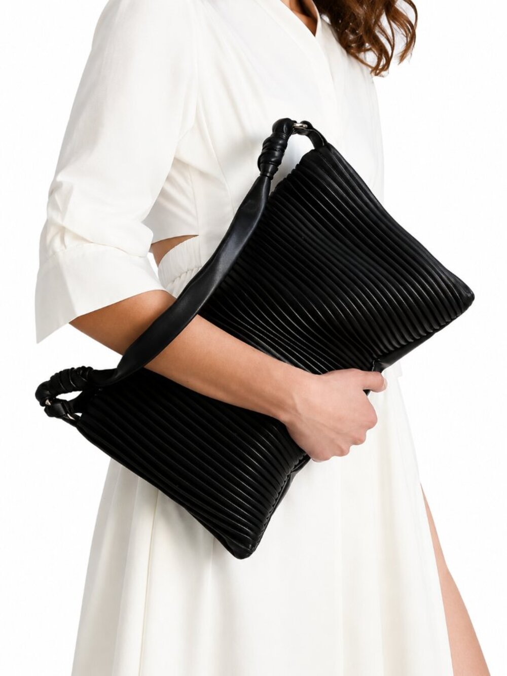 JASON WU Corrie Pleated Shoulder Bag Black Vegan Leather Soft Neutral Designer